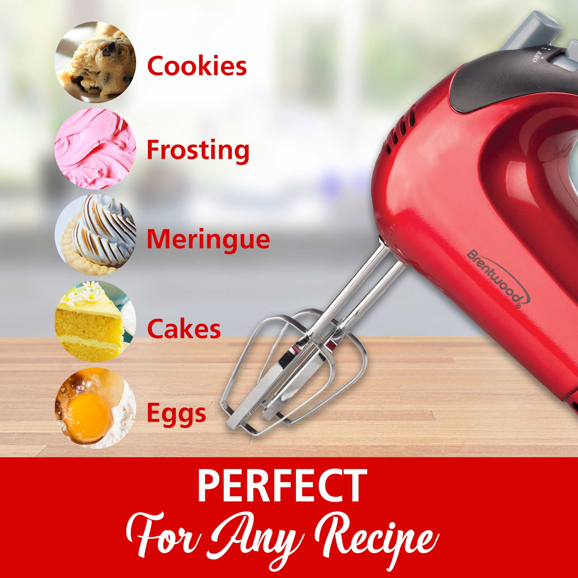 Brentwood HM-46 Lightweight 5-Speed Electric Hand Mixer, Red