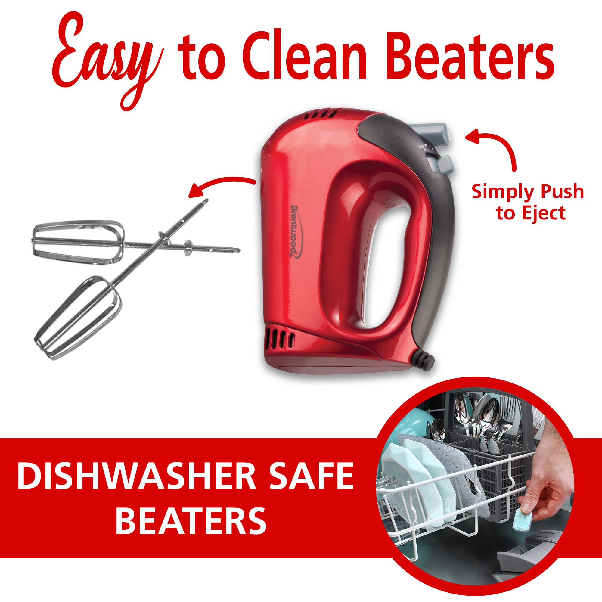 Brentwood HM-46 Lightweight 5-Speed Electric Hand Mixer, Red