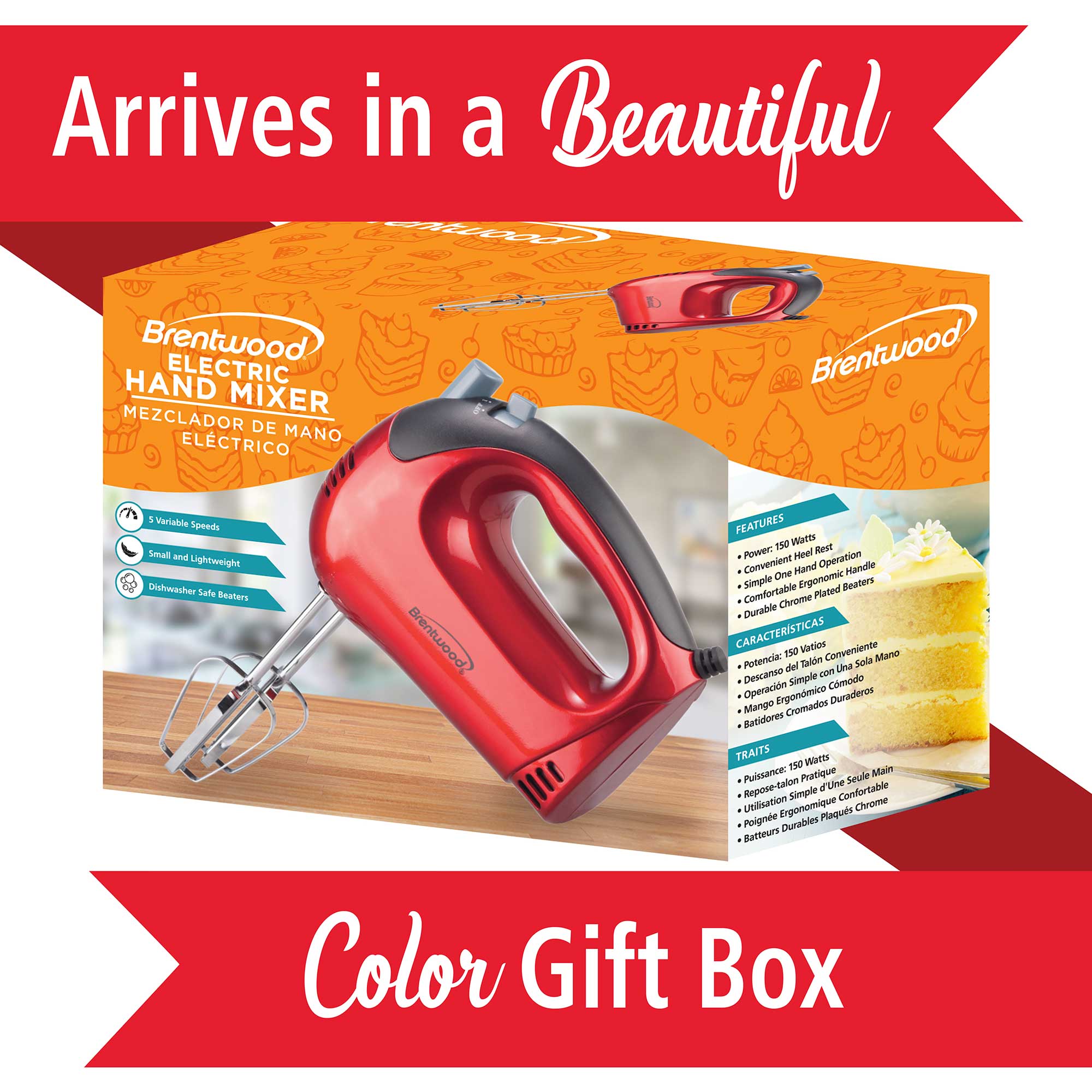 Brentwood HM-46 Lightweight 5-Speed Electric Hand Mixer, Red