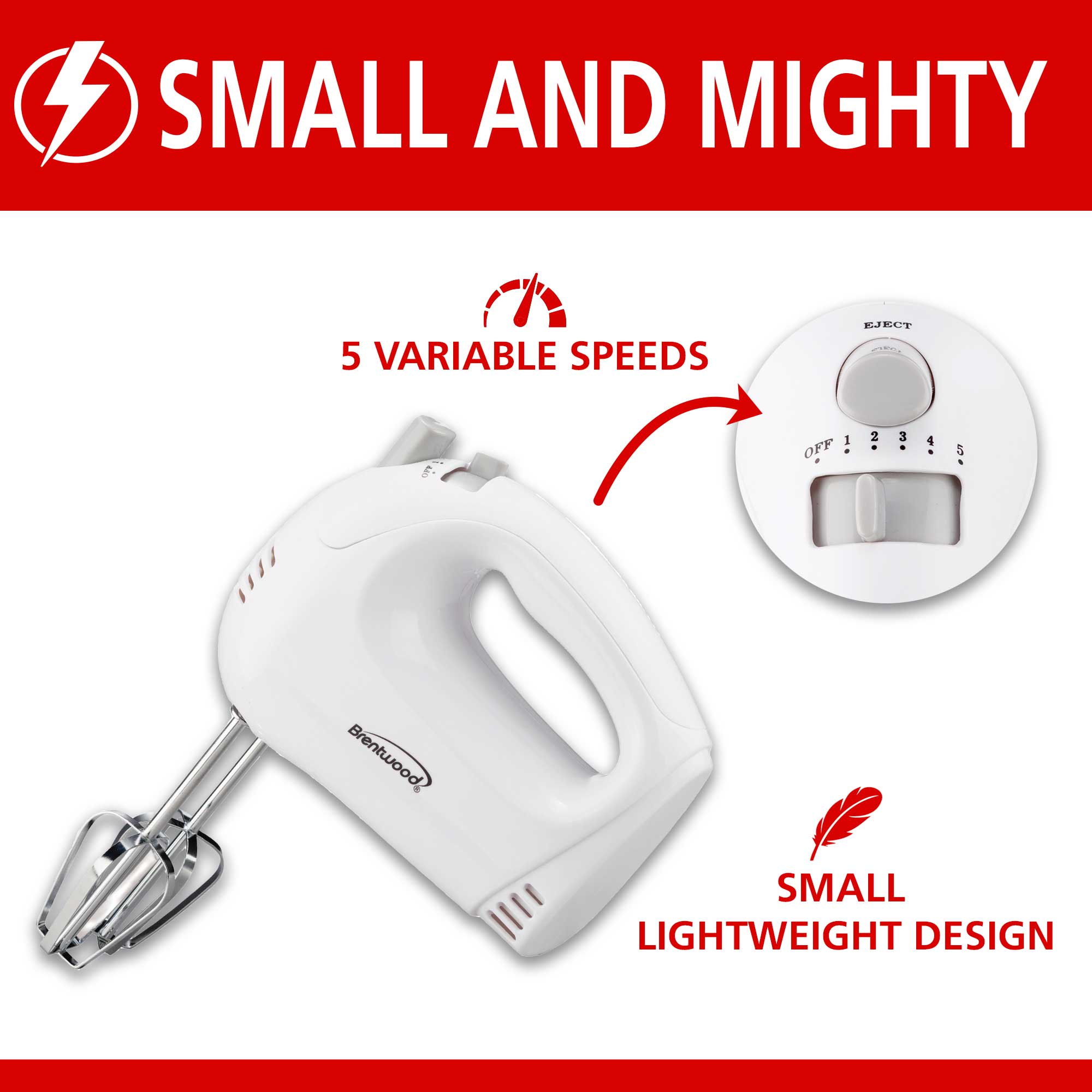 Brentwood HM-45 Lightweight 5-Speed Electric Hand Mixer, White