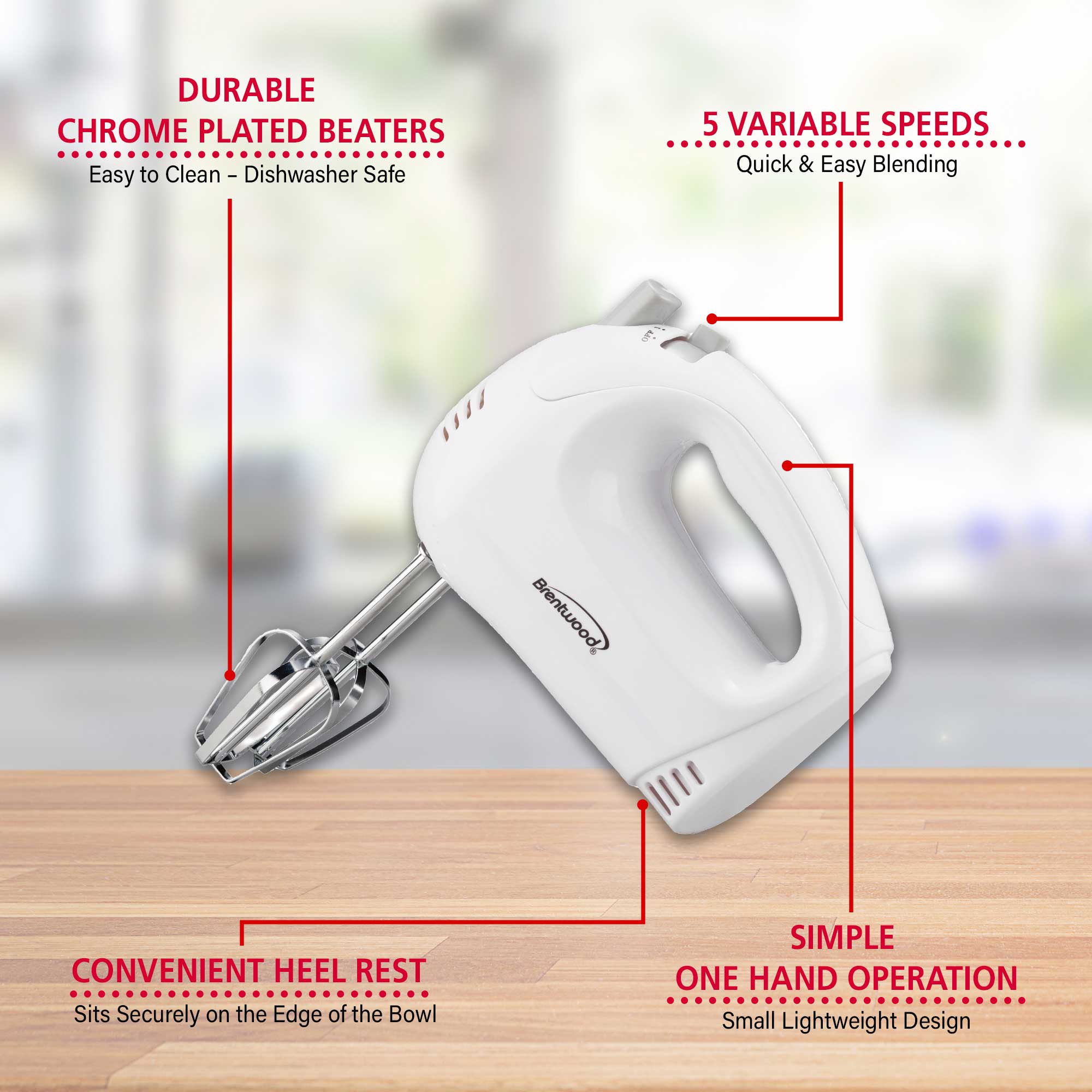 Brentwood HM-45 Lightweight 5-Speed Electric Hand Mixer, White