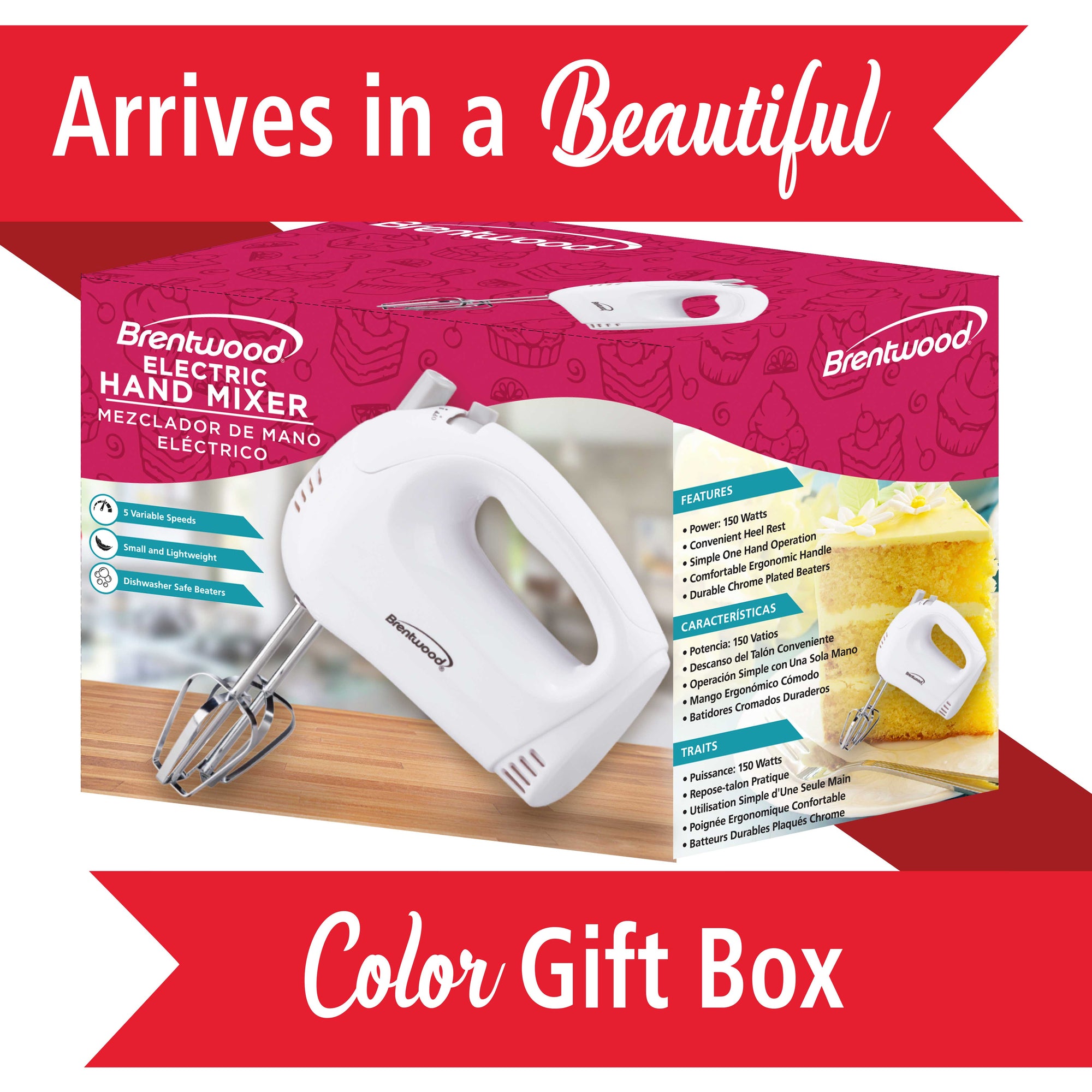 Brentwood HM-45 Lightweight 5-Speed Electric Hand Mixer, White