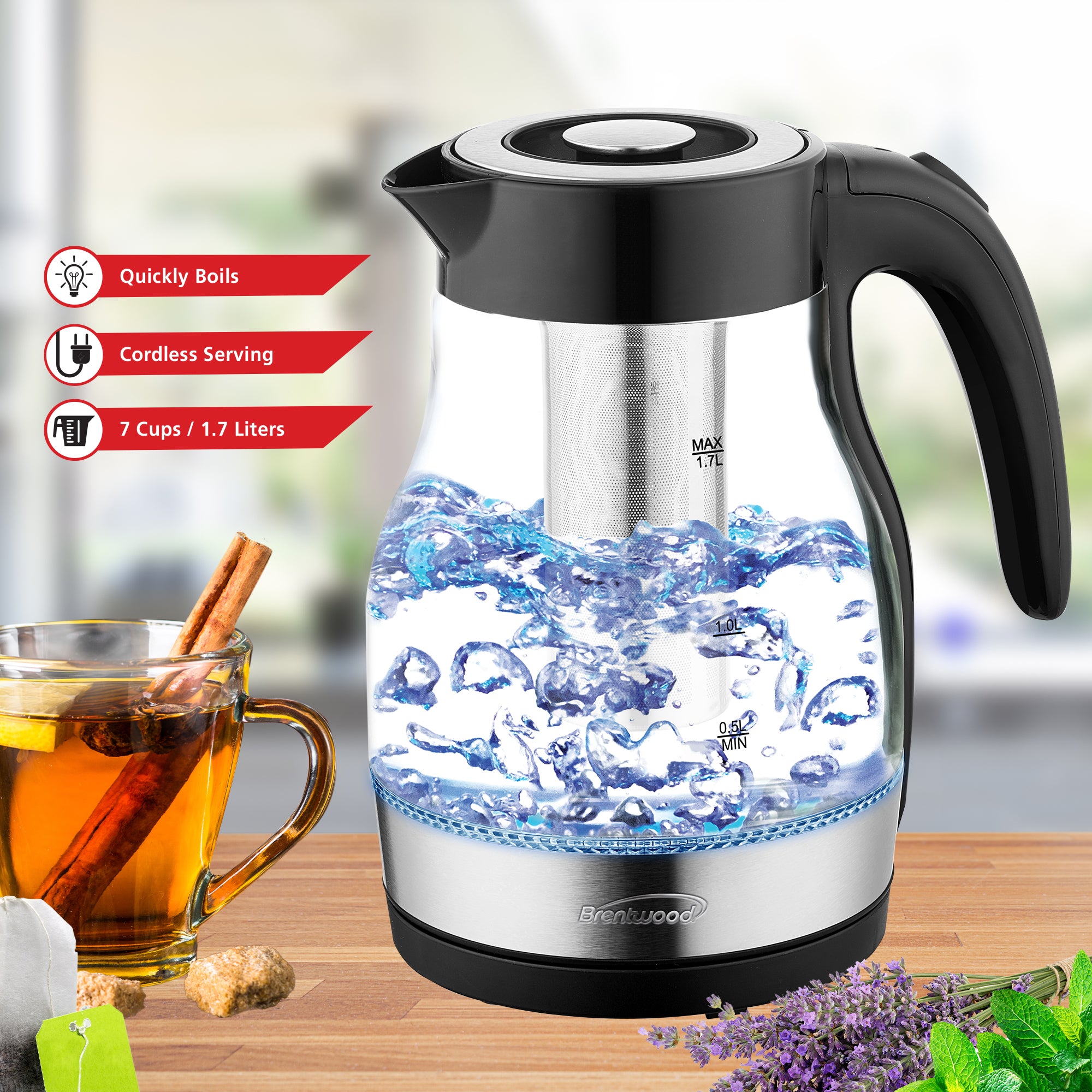 Brentwood KT-1962BK 1.7L Cordless Glass Electric Kettle with Tea Infus -  Brentwood Appliances