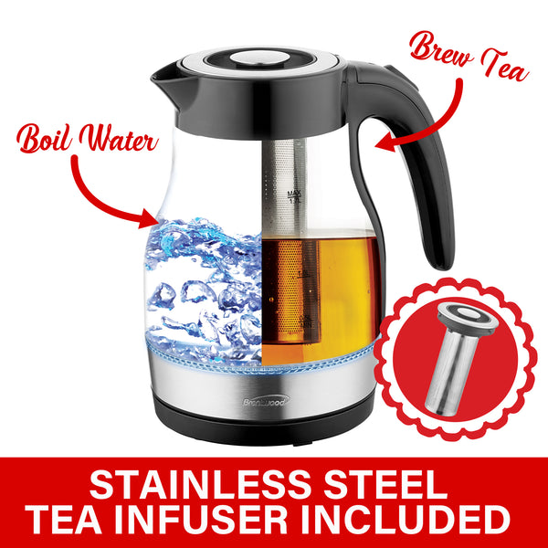 Brentwood KT-1962BK 1.7L Cordless Glass Electric Kettle with Tea