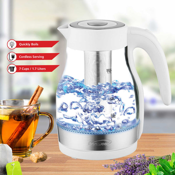 Brentwood KT1962W 1.7L Cordless Glass Electric Kettle with Tea Infuse