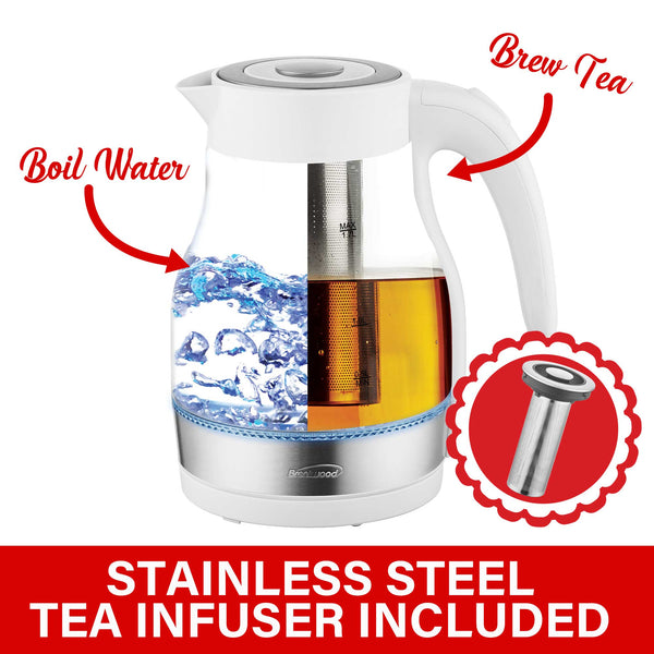 Brentwood KT1962W 1.7L Cordless Glass Electric Kettle with Tea Infuse