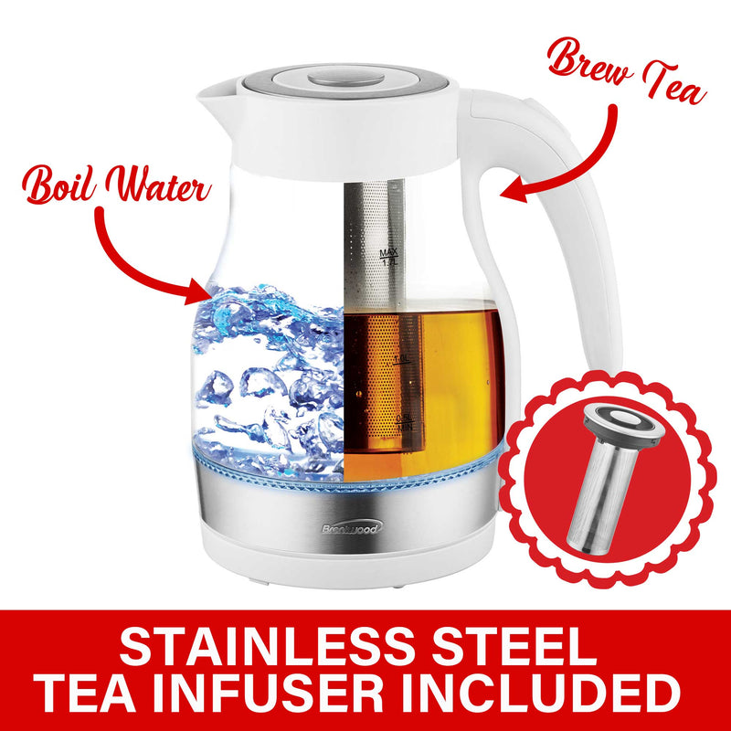 Brentwood KT-1962W 1.7L Cordless Glass Electric Kettle with Tea Infuser, White