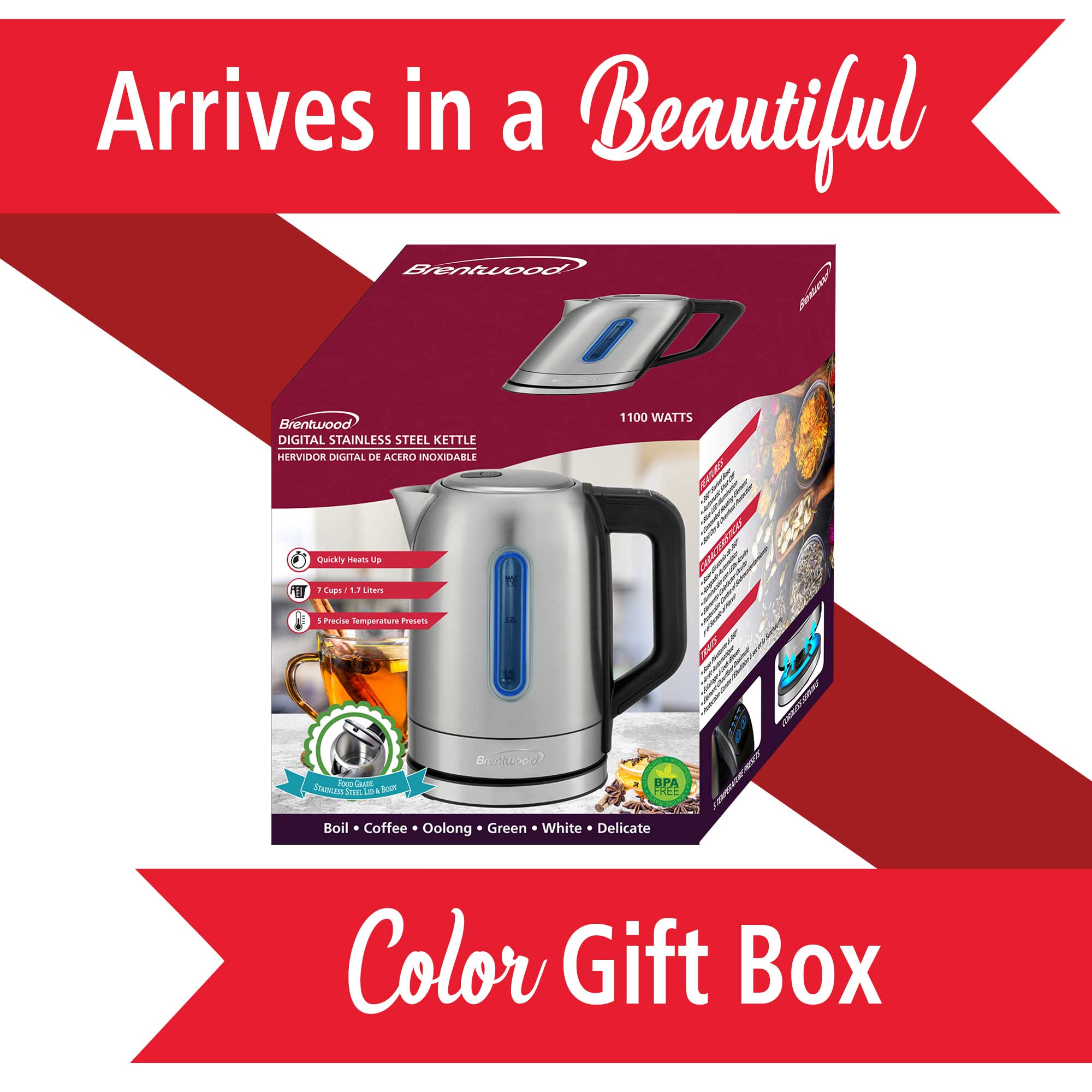 Brentwood KT-1796DS 1500W 1.7L Cordless Digital Stainless Steel Kettle with 5 Temperature Presets