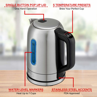 Brentwood KT-1796DS 1500W 1.7L Cordless Digital Stainless Steel Kettle with 5 Temperature Presets