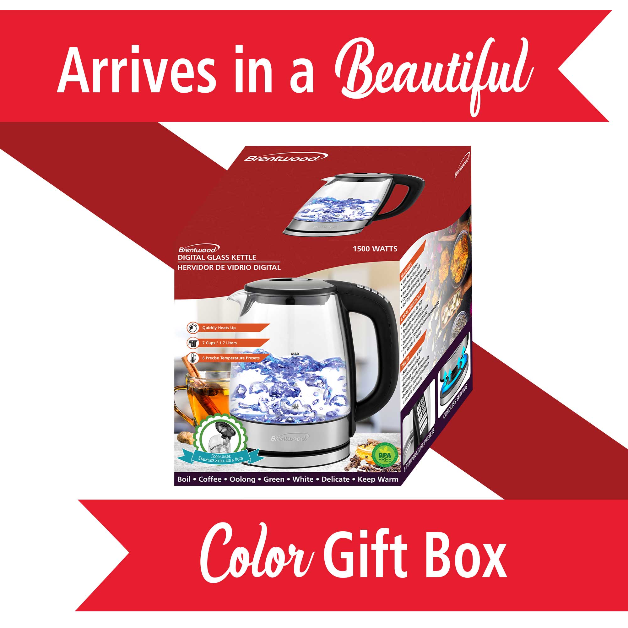 Brentwood KT-1982DBK 1.7L Cordless Digital Glass Electric Kettle with 6 Precise Temperature Presets, Black