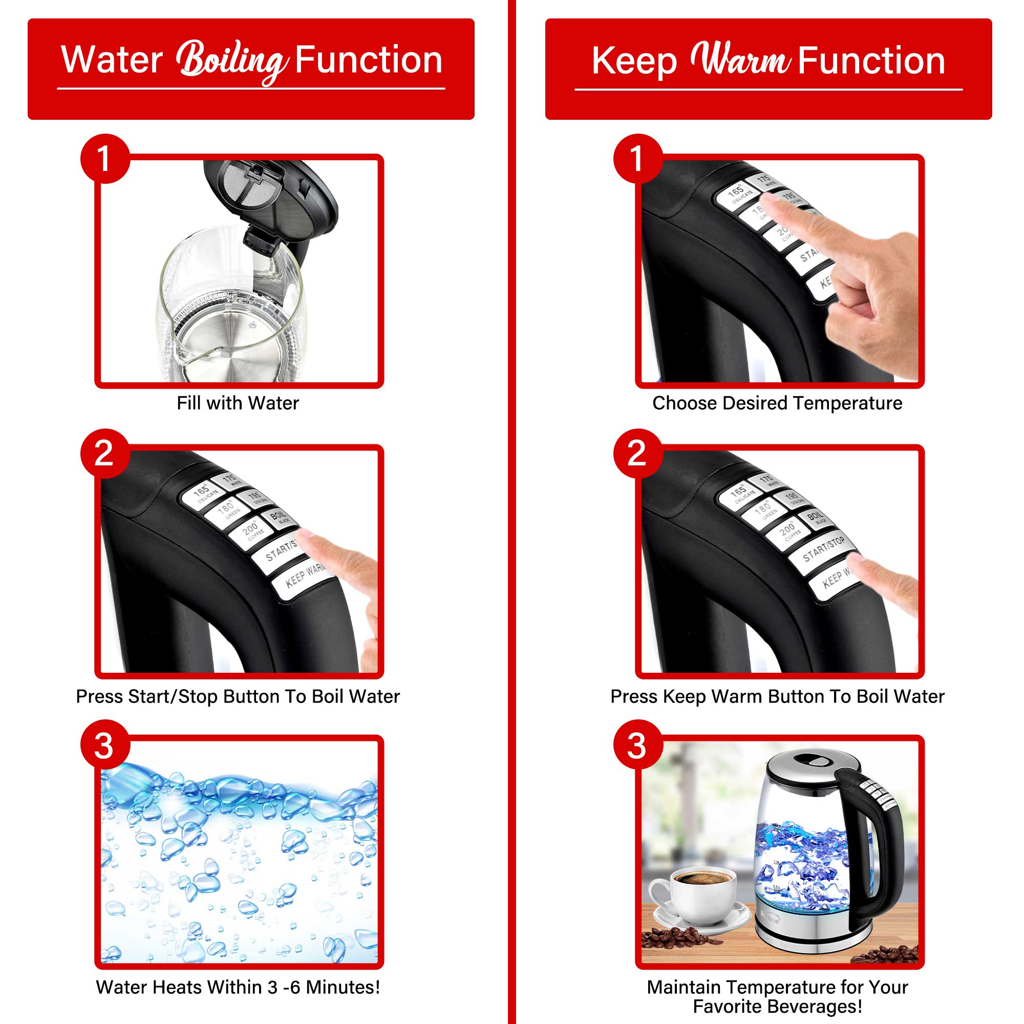 Brentwood KT-1982DBK 1.7L Cordless Digital Glass Electric Kettle with 6 Precise Temperature Presets, Black