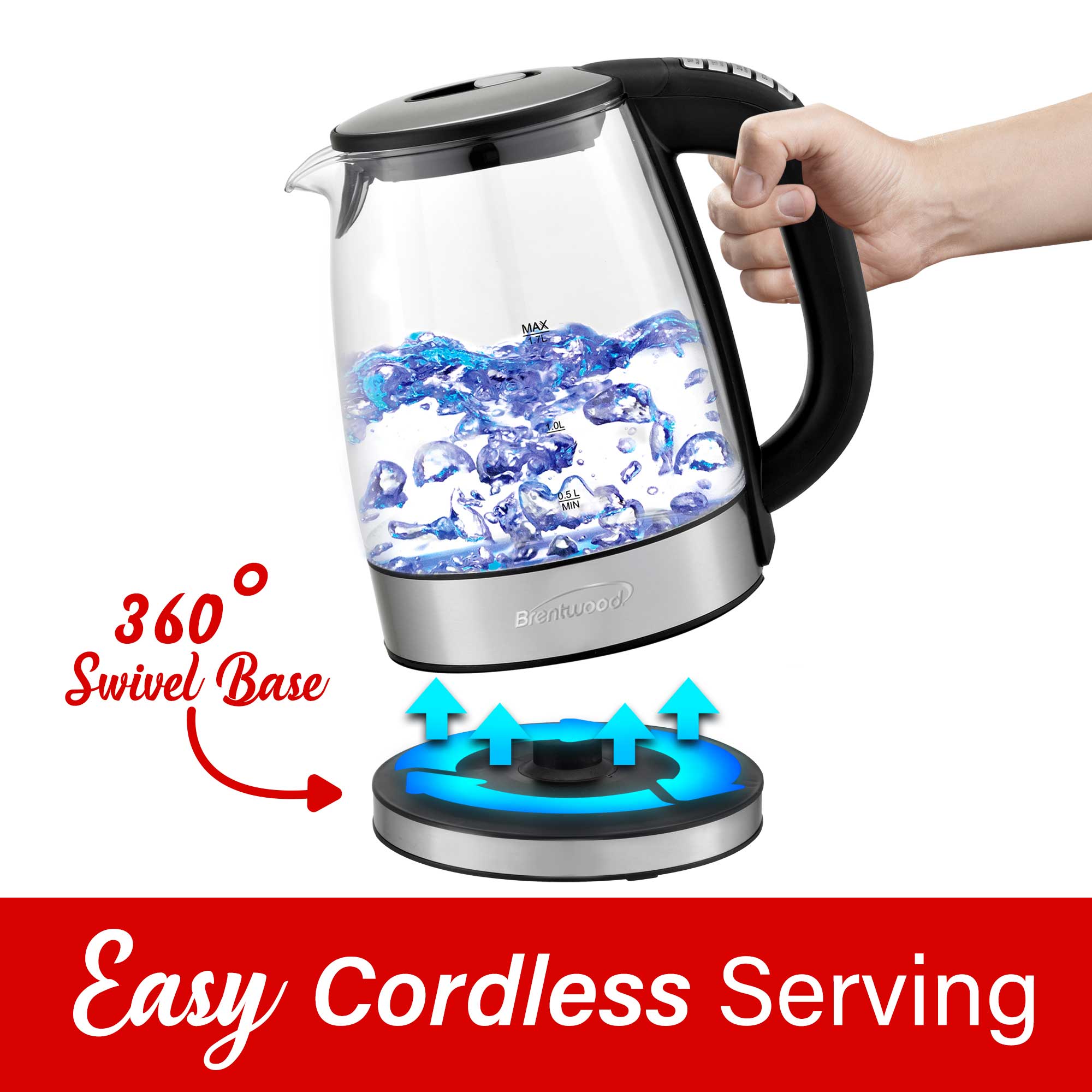 Brentwood KT1982DBK 1.7L Cordless Digital Glass Electric Kettle with