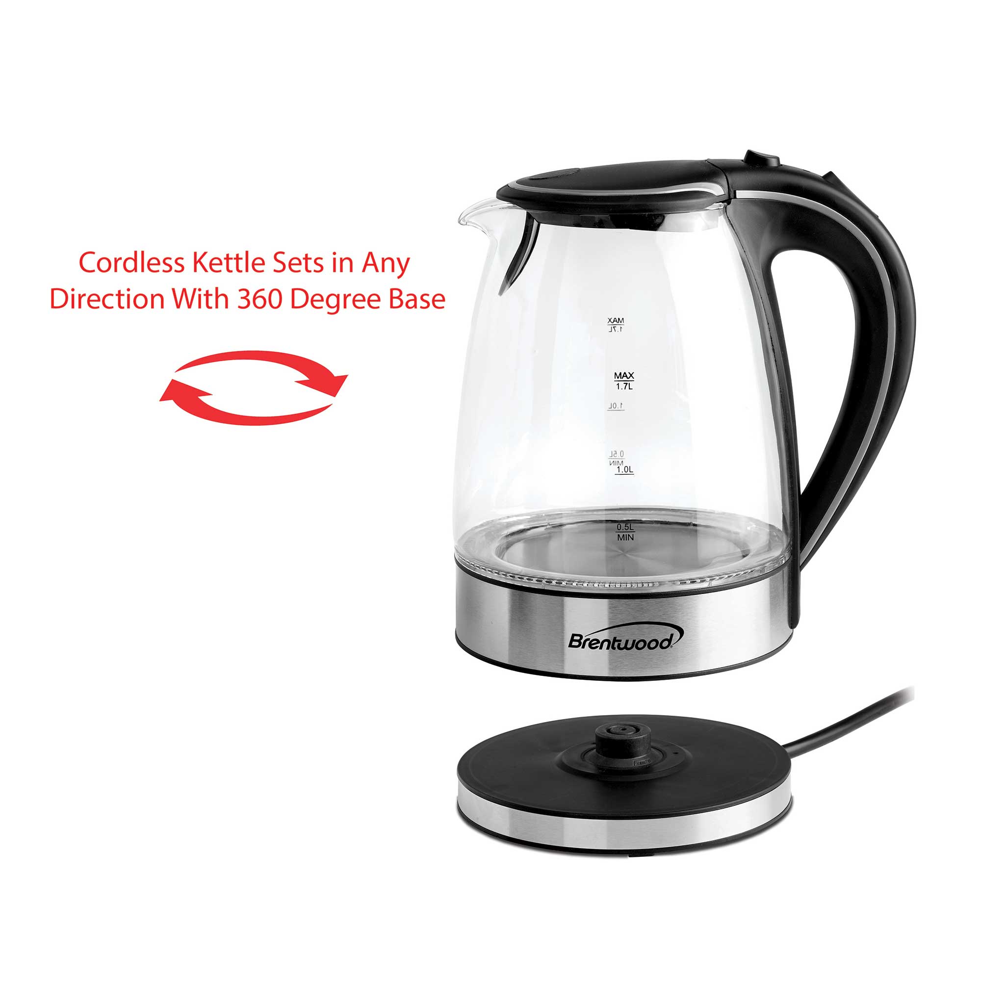 Brentwood KT-1900BK 1.7L Cordless Glass Electric Kettle, Black