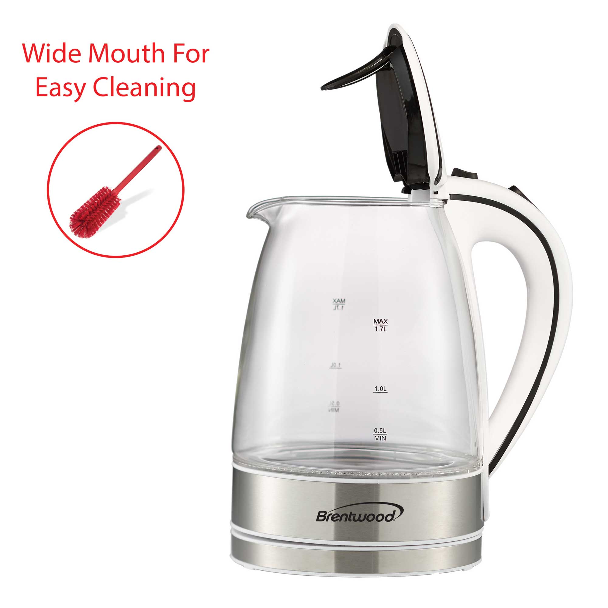 Brentwood Cordless Glass Electric Kettle with Tea Infuser and Swivel Base  1.79-Qt. White (KT-1962W) 
