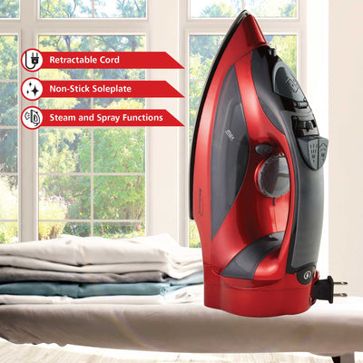 Brentwood MPI-59R Non-Stick Steam Iron with Retractable Cord, Red