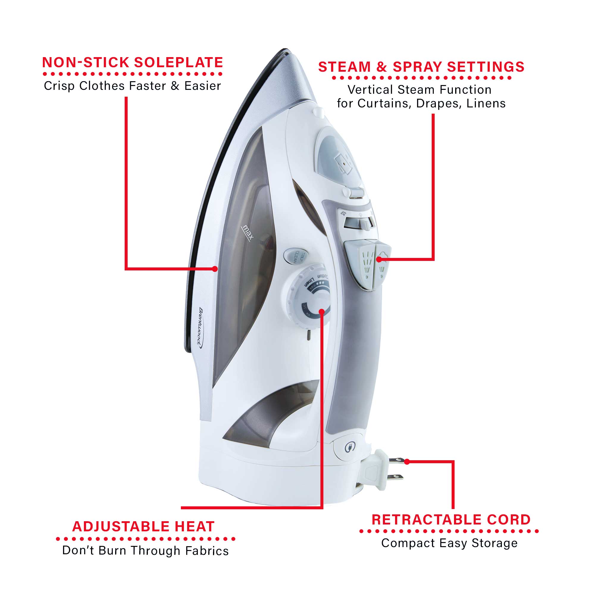 Brentwood MPI-59W Non-Stick Steam Iron with Retractable Cord, White