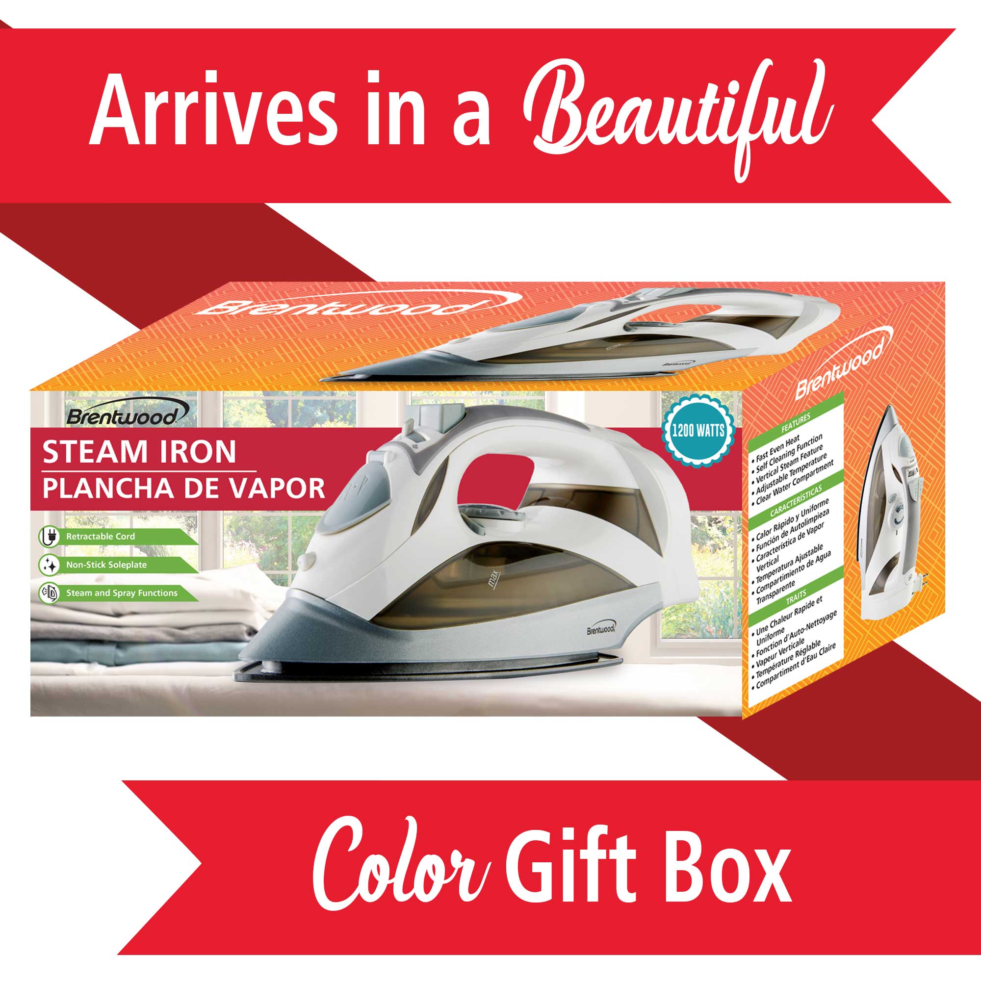 Brentwood MPI-59W Non-Stick Steam Iron with Retractable Cord, White