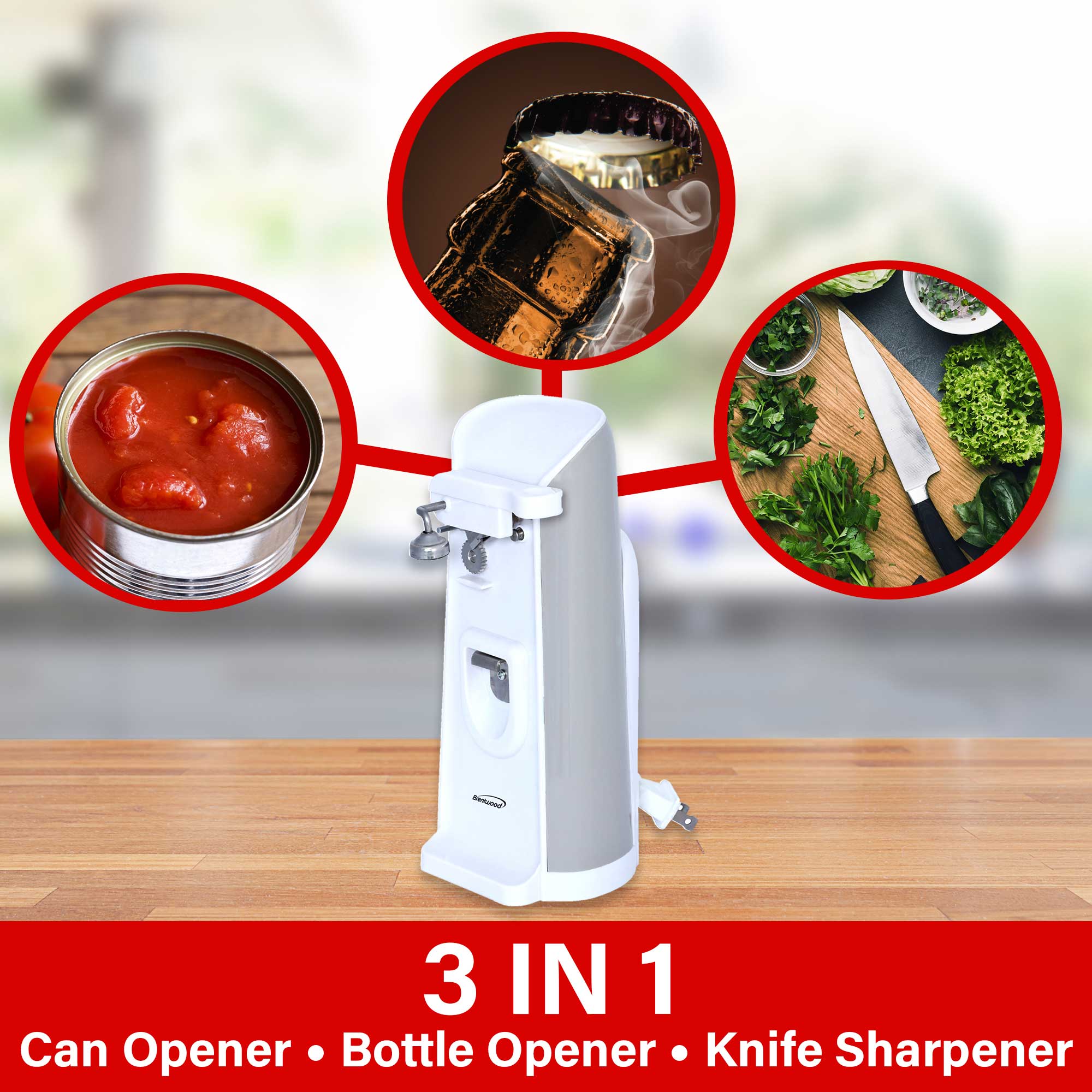 Brentwood J-30B Tall Electric Can Opener with Knife Sharpener & Bottle  Opener, Black 